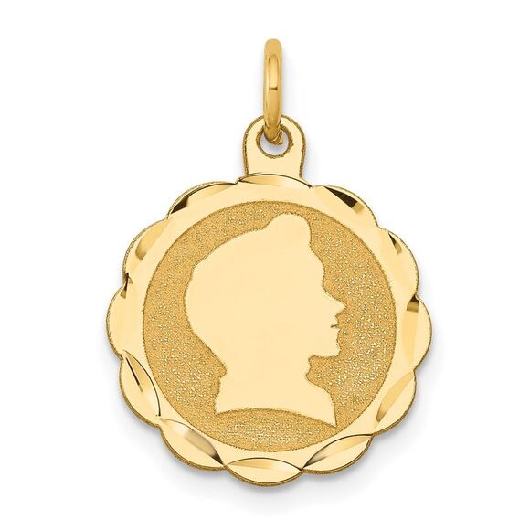 14k Yellow Gold Boy Head on .009 Gauge Engravable Scalloped Disc Charm